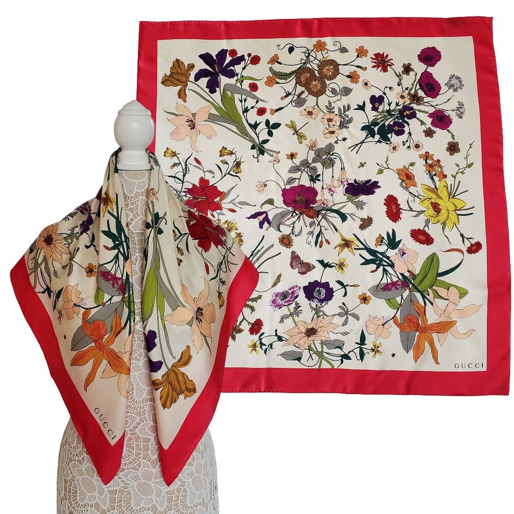 GUCCI SCARF FLORA GOTHIC PRINT IVORY SILK RASPBERRY BORDER SQUARE 35"